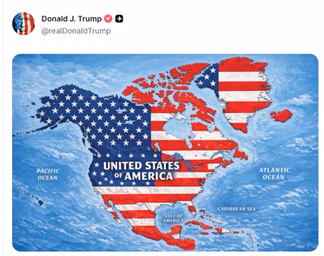 Mapa de Trump con la bandera de Estados Unidos cubriendo Canadá, Groenlandia, México, Islandia y Países Bajos