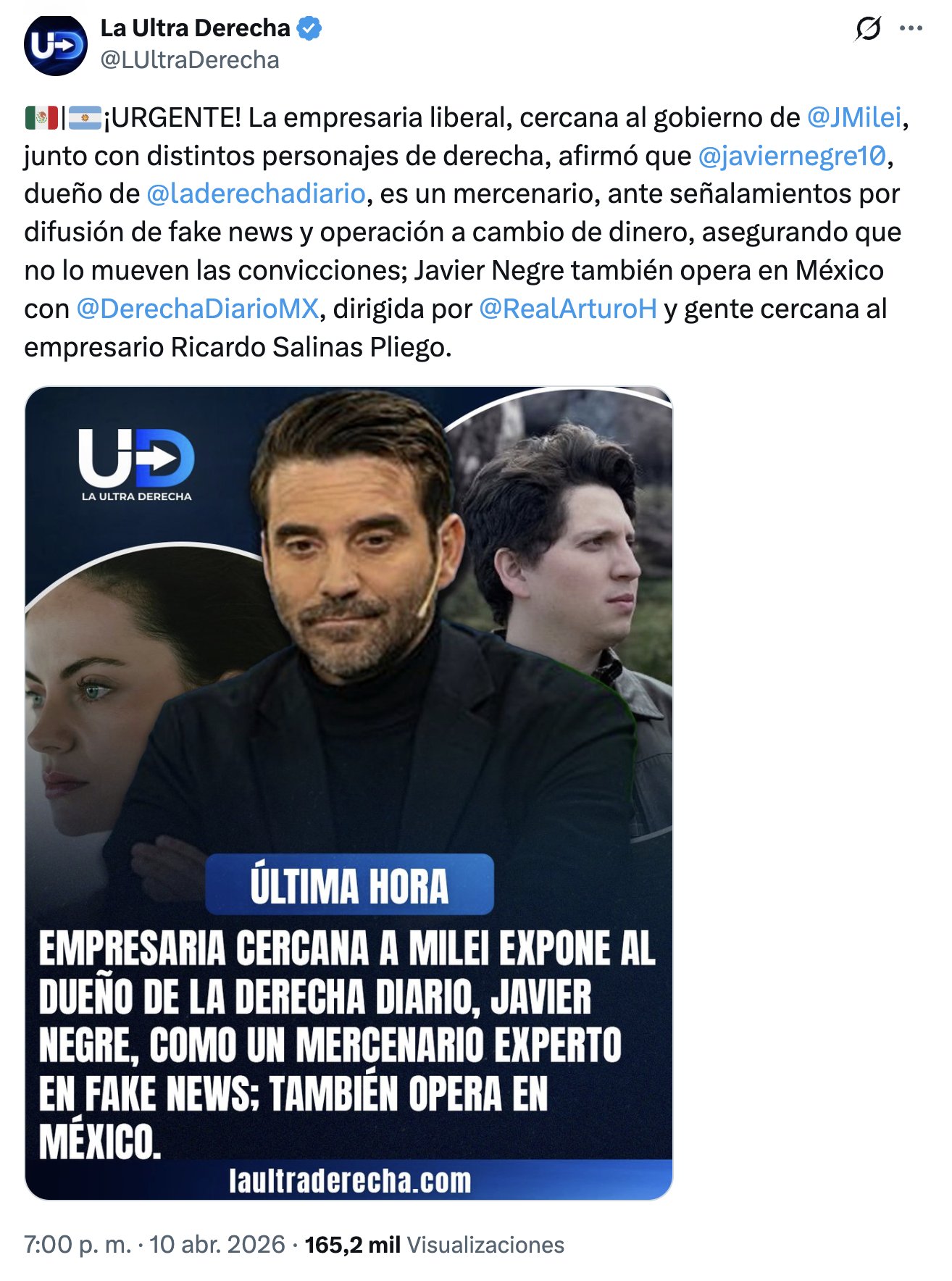 Tuit de la cuenta La Ultra Derecha sobre Javier Negre