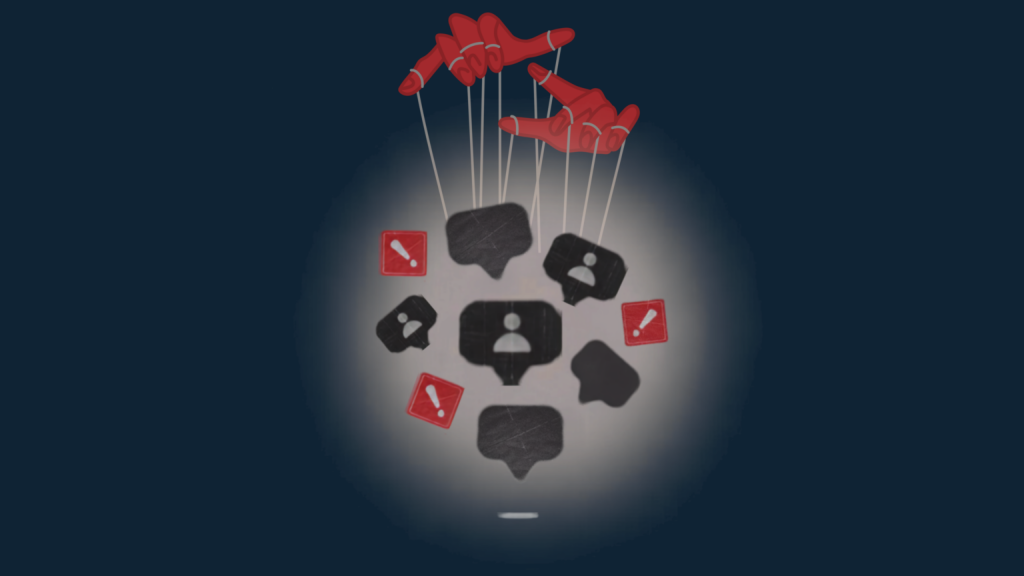 Manos de marioneta controlan iconos de redes sociales y advertencias.