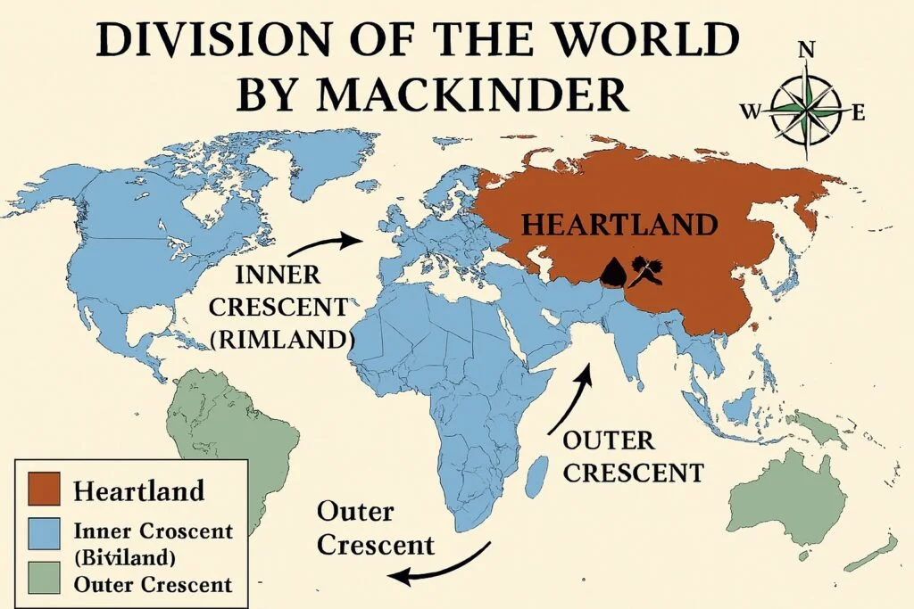 Mapa de la división del mundo según la teoría del Heartland de Halford Mackinder