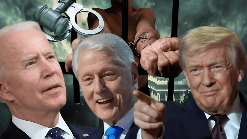 Biden, Clinton y Trump con fondo de justicia y encarcelamiento.