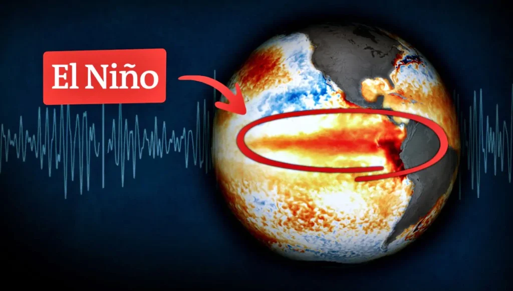 Mapa global El Niño mostrando temperaturas oceánicas cálidas en el Pacífico.
