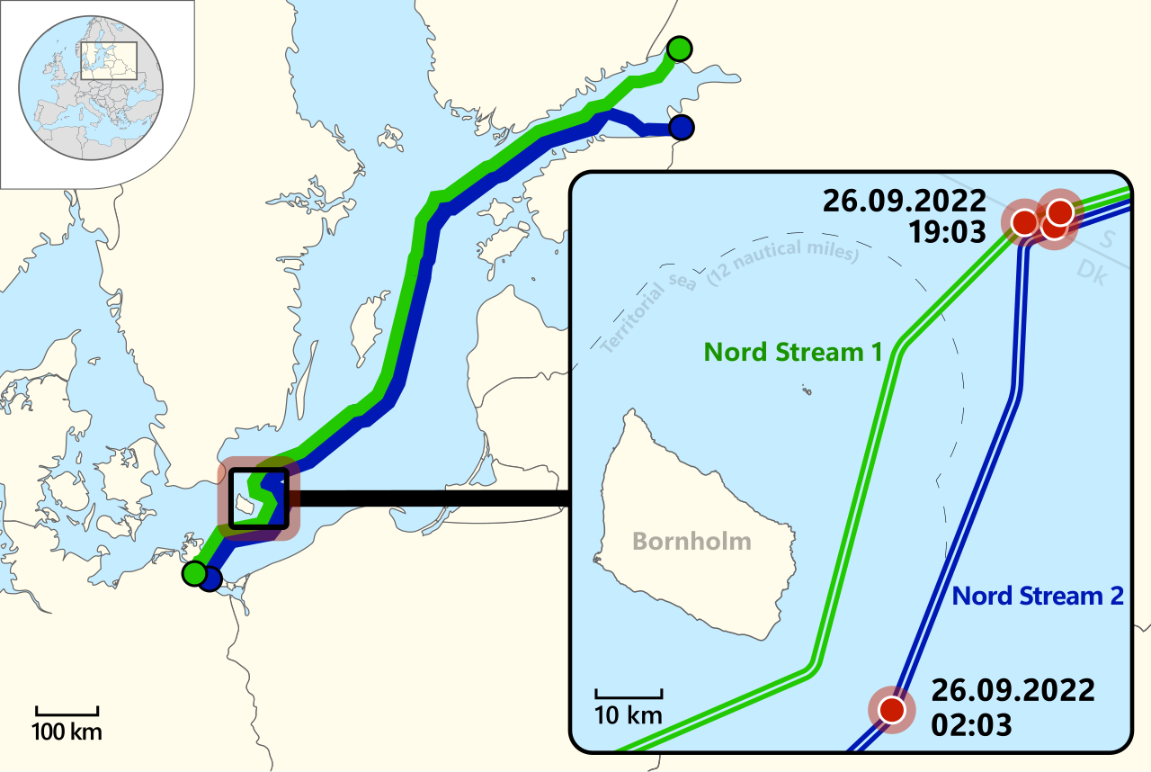 Mapa con el lugar de las explosiones de Nord Stream
