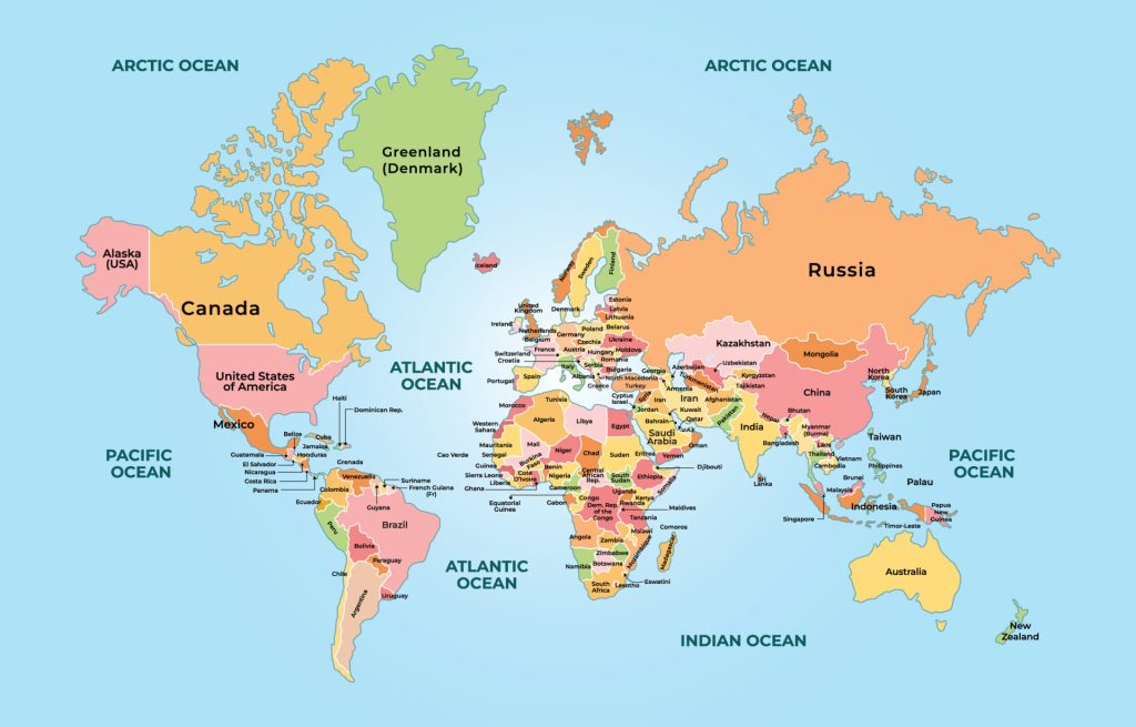 Mapa político mundial detallado con nombres de países y océanos.