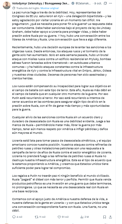 Publicación de Volodímir Zelenski en X, 9 de octubre de 2026