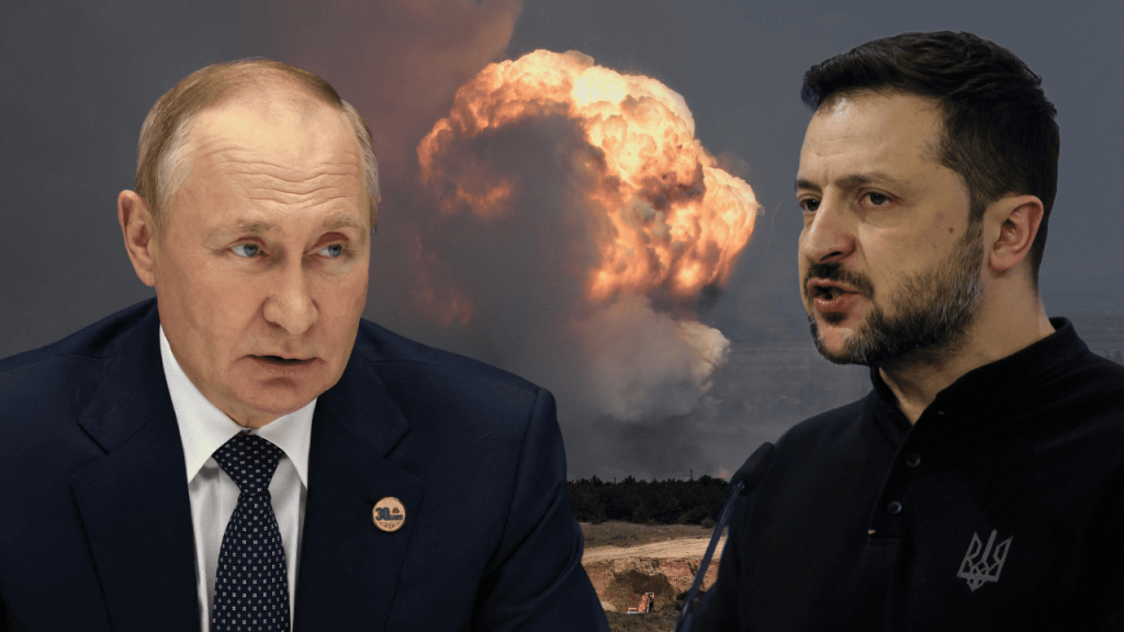 Putin y Zelenskyy con explosión de fondo, simbolizando el conflicto.