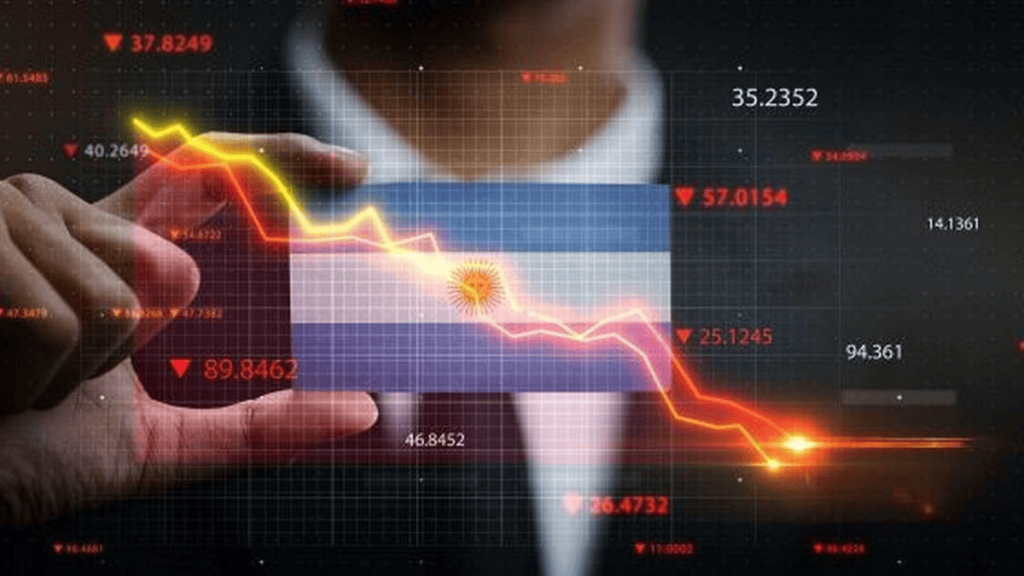 Economía argentina en crisis: gráficos financieros con bandera y números en rojo.