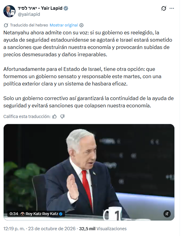 Publicación de Yair Lapid en X sobre las declaraciones de Netanyahu