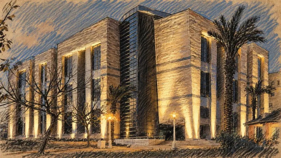 Dibujo de edificio moderno iluminado al anochecer con fachada de piedra y cristal.