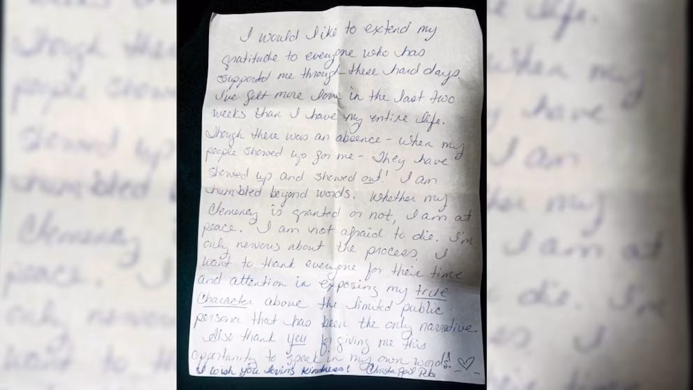 Carta manuscrita firmada por Christa Gail Pike