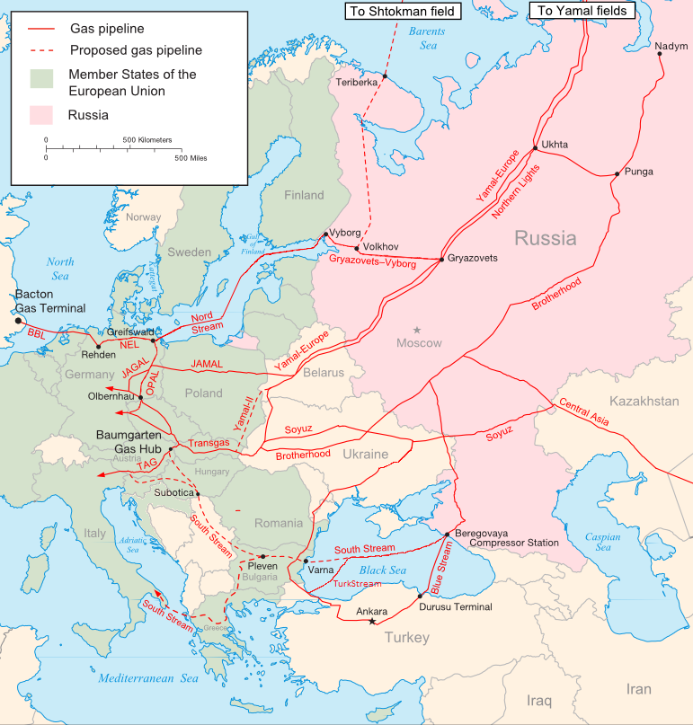 Mapa de los gasoductos que unen Rusia con la Unión Europea