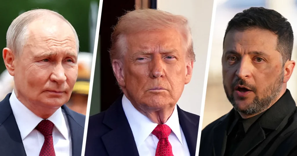 Retratos de Putin, Trump y Zelenski en una composición triple.