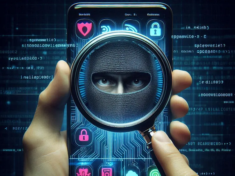 Ciberseguridad: ojos de hacker con lupa sobre pantalla de móvil.